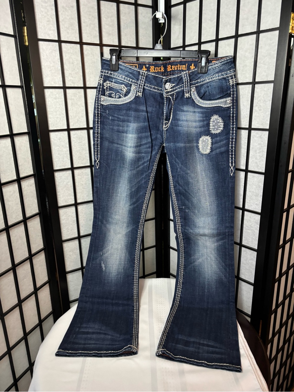 Rock Revival Dark Blue Wide Leg Jeans with White Contrast Stitching-Size 30